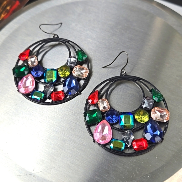 Colorful Fuax Gemstone Black Tone  Big  Earrings - Picture 16 of 17